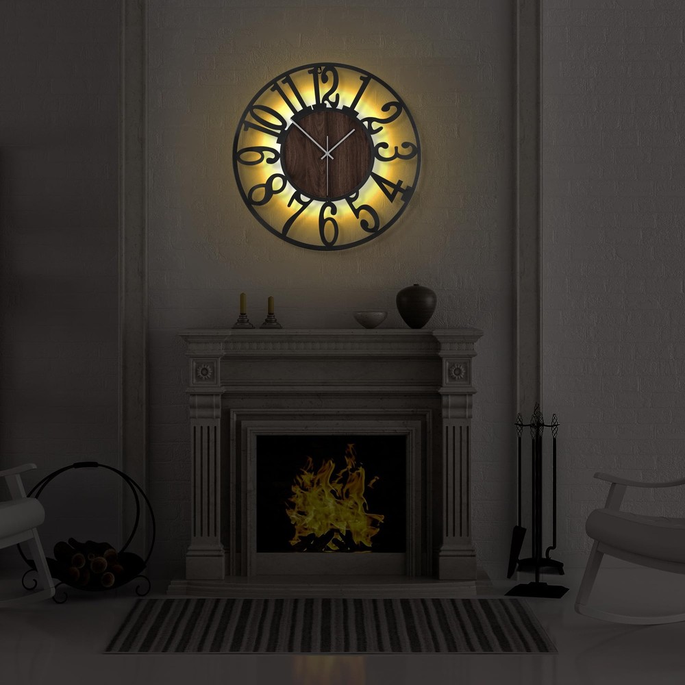 Large Wall Clock 24'' Lighted Rustic Wood Clock with Remote Timer, Silent Bat...