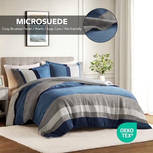 Queen Comforter Set, 3 Piece Luxe Microsuede, Pieced Design Full/Queen Blue