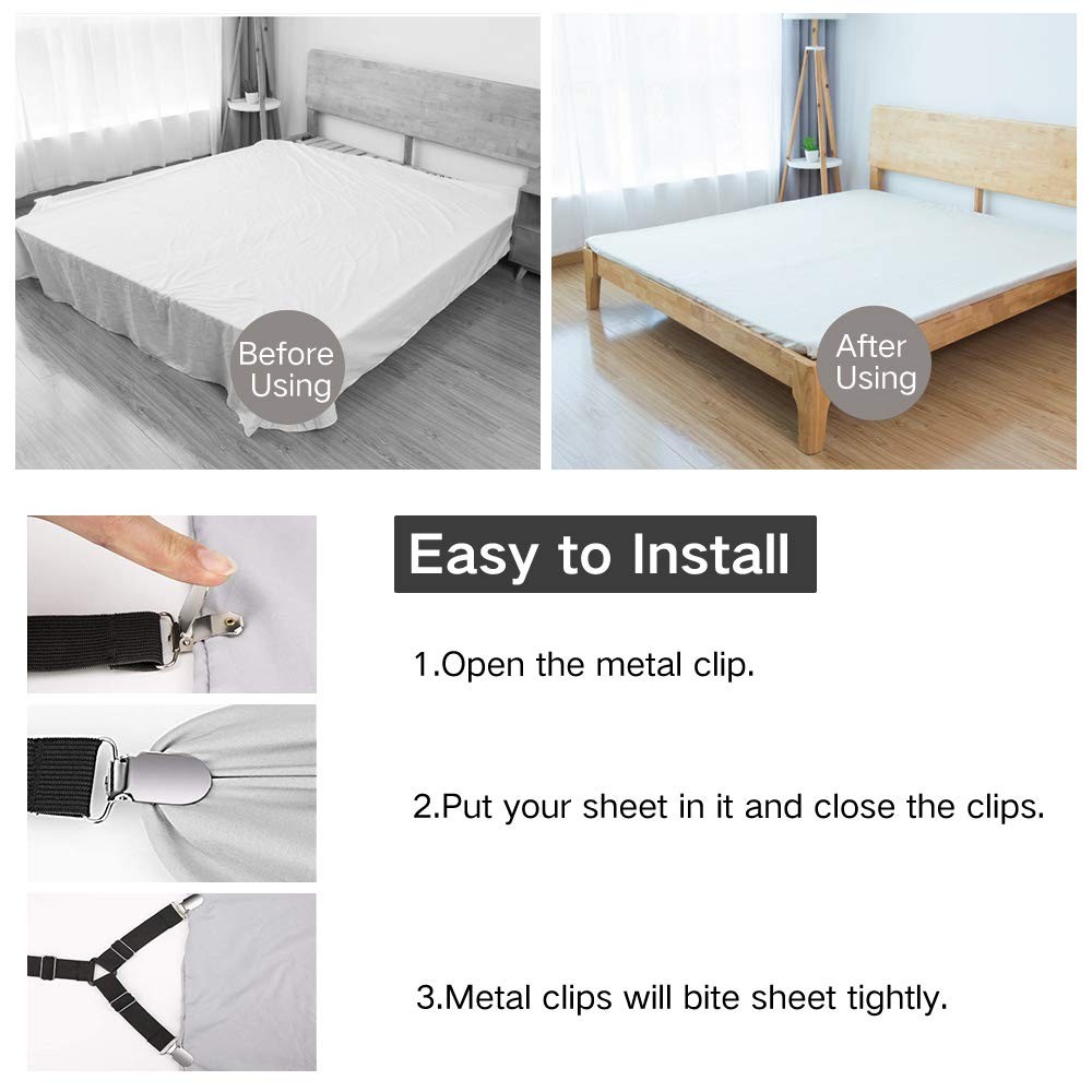 4 Pack Adjustable Bed Sheet Holders Fitted Sheet Straps with Clips for Mattress