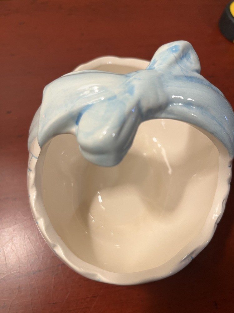 Vintage Ceramic Planter With Blue Bow Accent