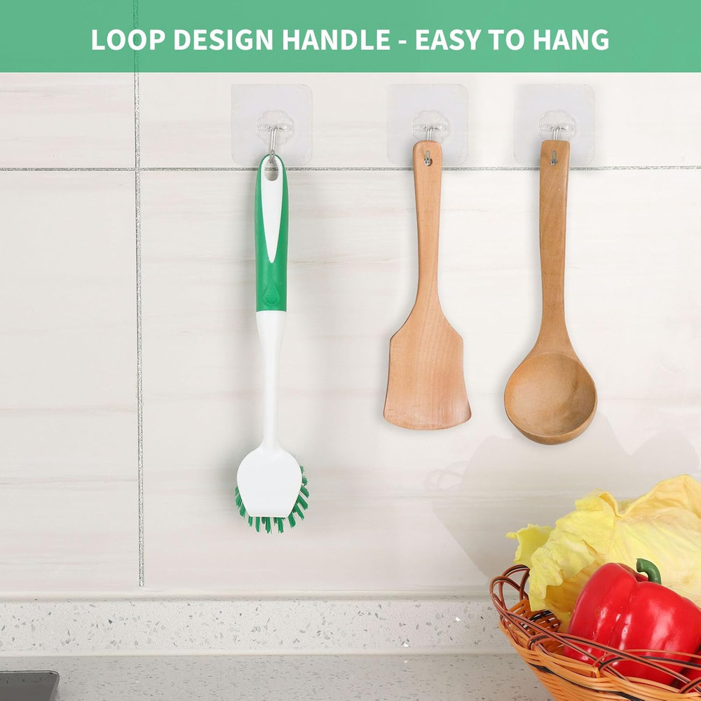 Dish Brush with Handle, 2 Pack Scrub Brushes with Built-In Scraper for Cleaning