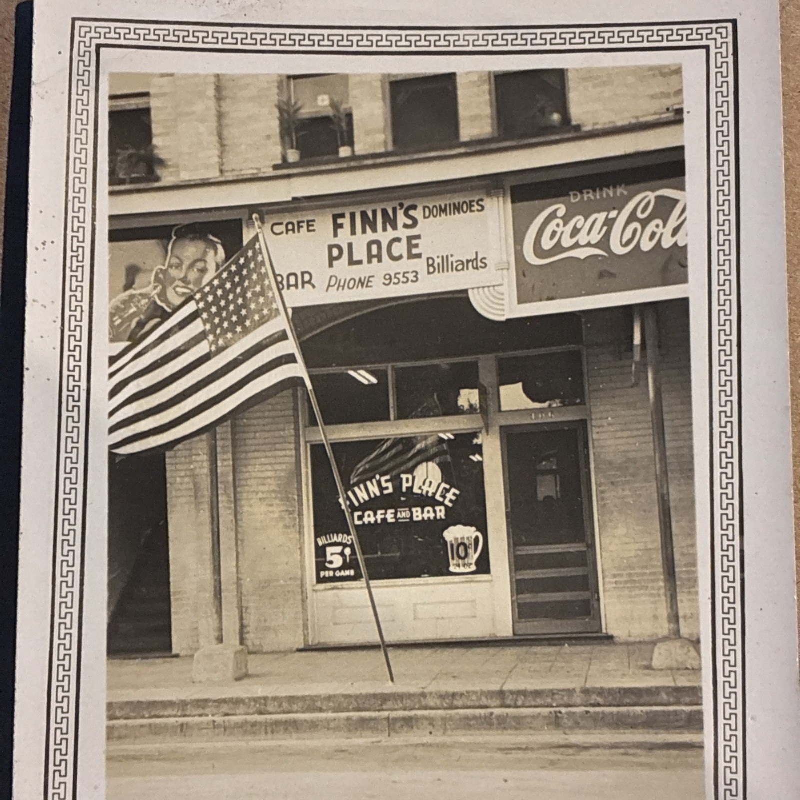 1950s Finns Place photo Coca Cola Sign cafe bar dominoes billiards 48 star flag
