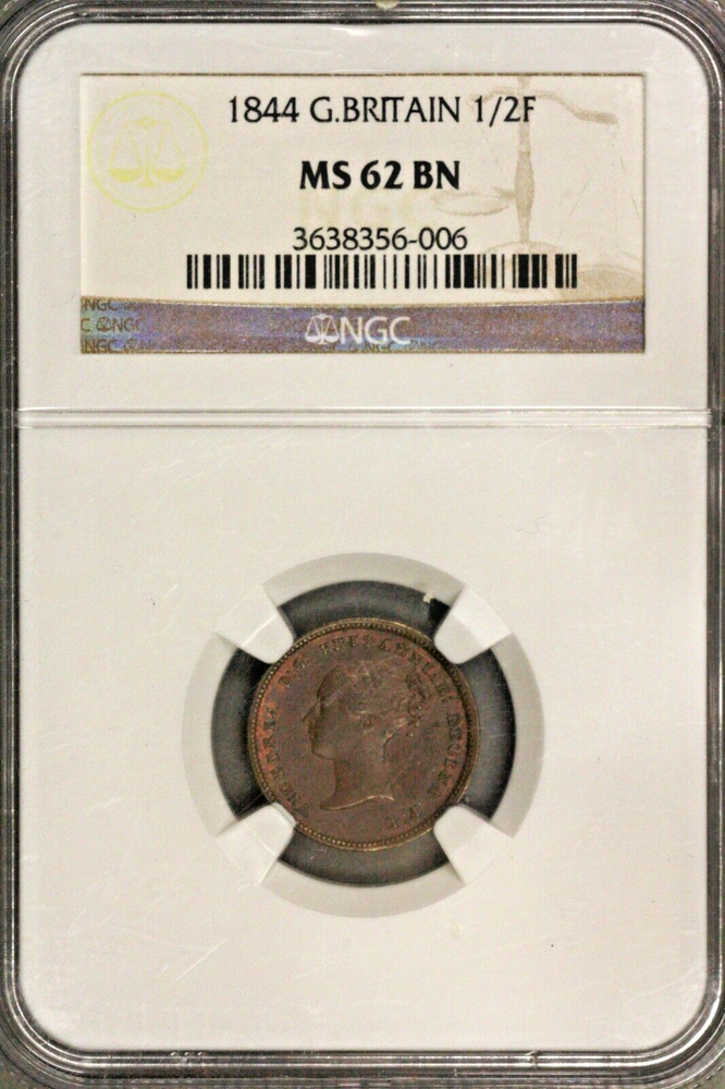 Great Britain 1844 1/2 Half Farthing NGC MS 62 BN