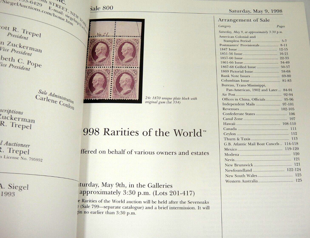 Siegel Stamp Auction Catalog w Prices Realized 1998 Sale 800 Rarities of World