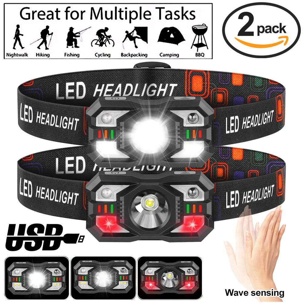2X Strong LED Headlamp Flashlight USB Rechargeable Wave Sensor Head Torch Light