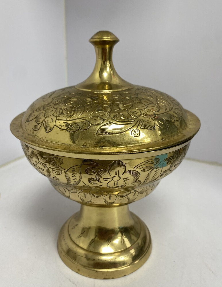 Vintage Brass Etched Bowl Dish Urn