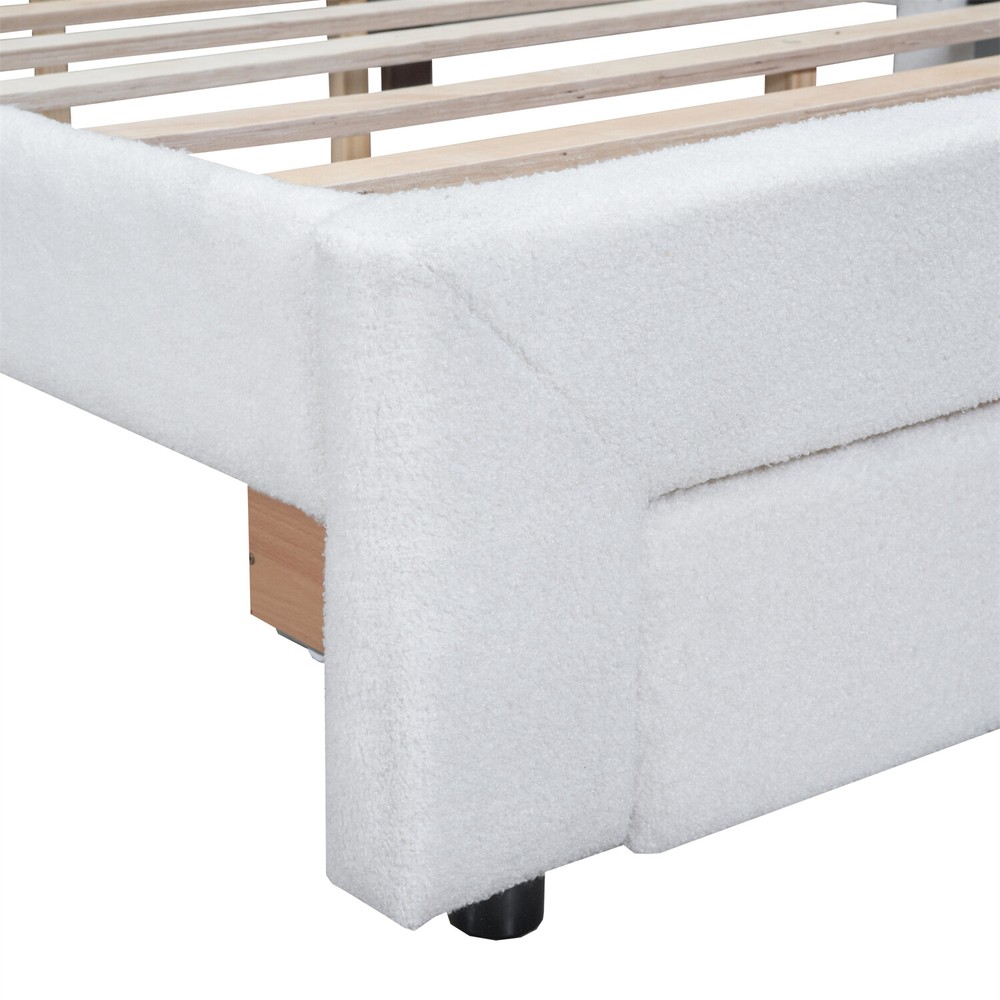 Queen Size Bed Frame Upholstered Platform Bed with Drawers White/Beige/Gray