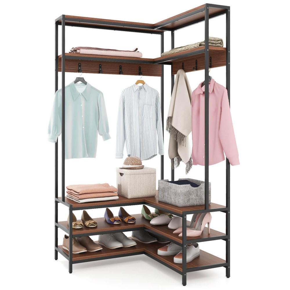 Corner Garment Rack w/ Open Shelves & 7 Hooks Shoe Bench Solid Metal Frame