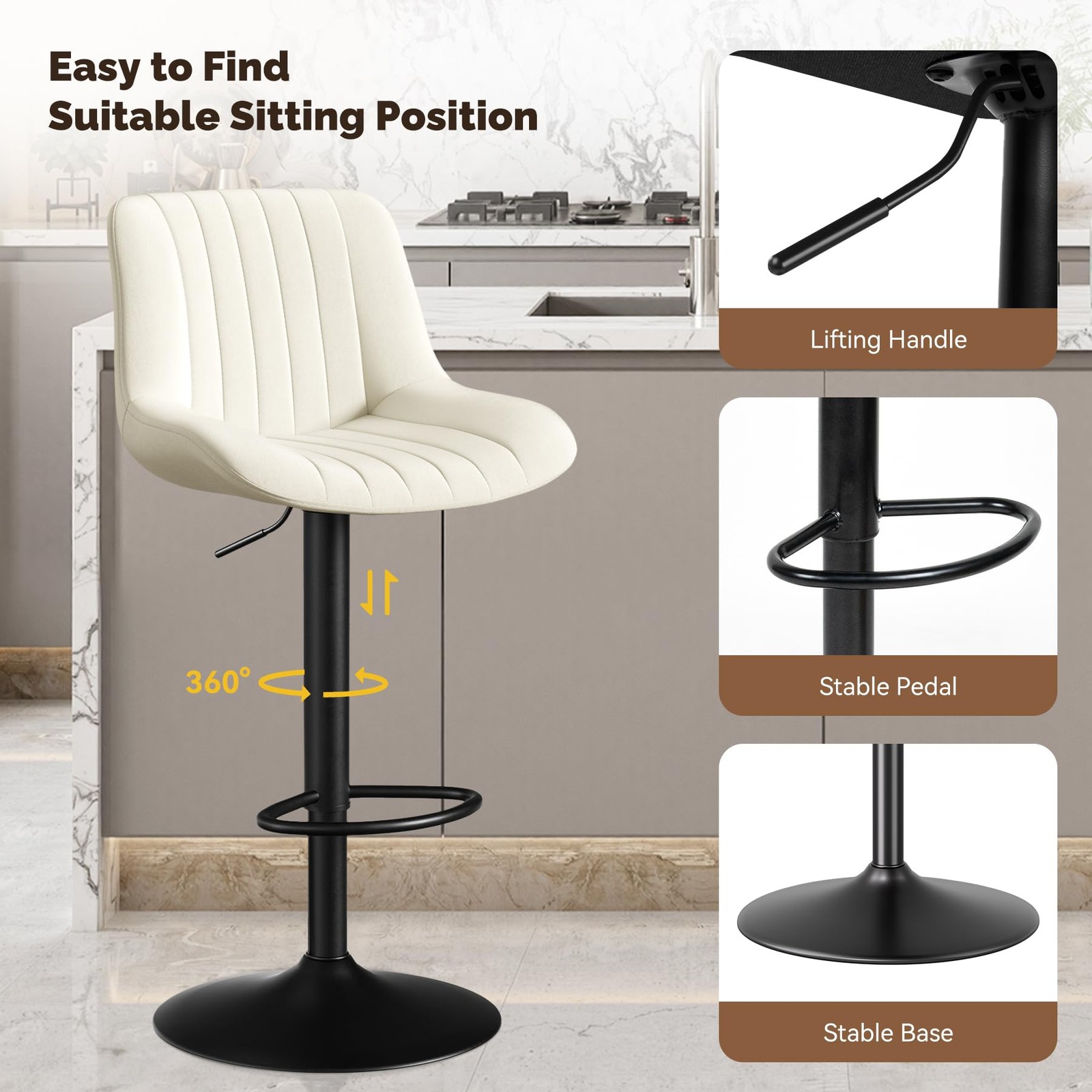 Set of 2 Bar Stools with Backs Adjustable Swivel Counter Height Fabric Off-White