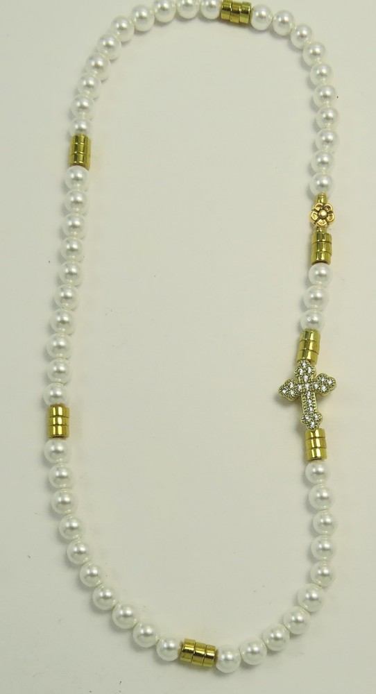 Handmade Catholic Rosary Bracelet, White Shell Pearls, Golden Hematite Beads