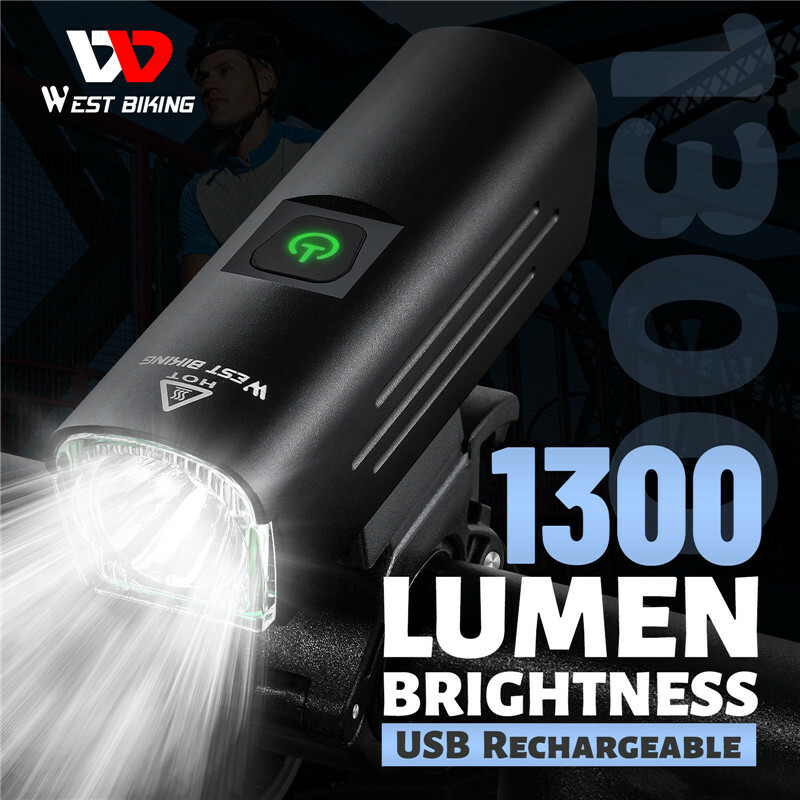 WEST BIKING Bicycle Front Light 1300 Lumen LED USB Rechargeable Light Flashlight