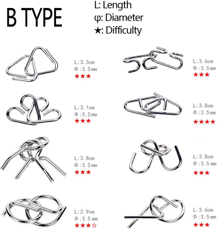 16 PCS Type A+B Different Brain Teaser Metal Wire Puzzles IQ Challenge Magic Tri