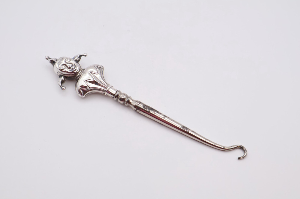 Antique Novelty Silver Handled Jester Button Hook Hallmarked Birmingham 1910