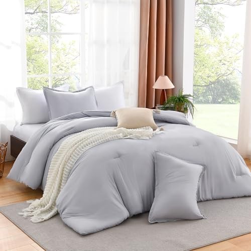 Queen Comforter Set, Boho Solid Reversible Bedding Queen (90"x90") Silver Grey