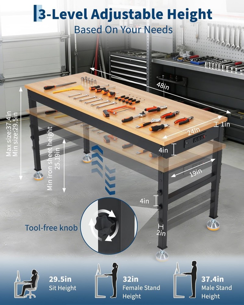 48 in Workbench Rubberwood Tabletop with Power Outlets 2500LB Adjustable Height