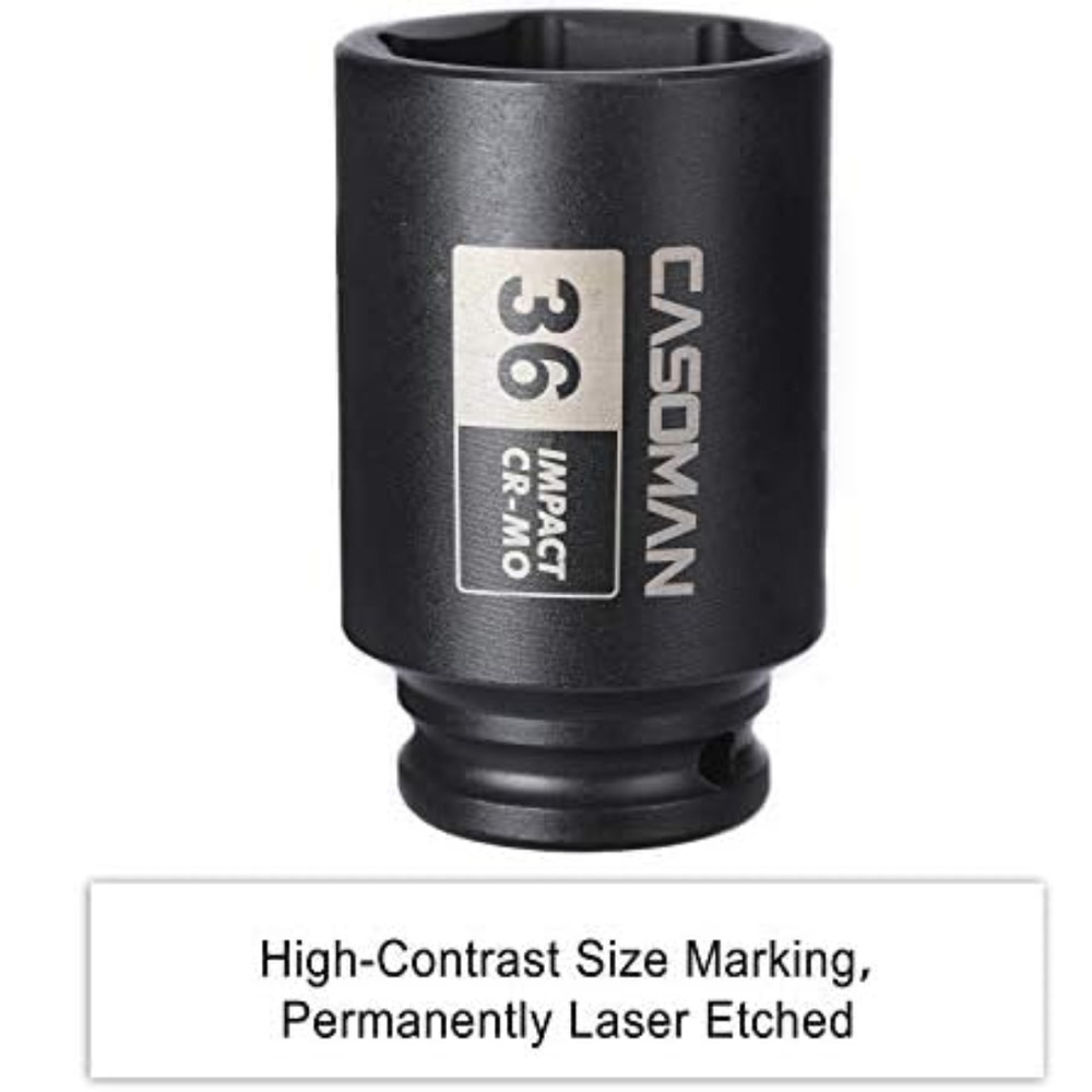 1/2" Drive X 36 Mm Deep 6 PT Impact Socket, CR-MO, Drive 6 Point Axle Nut Socket