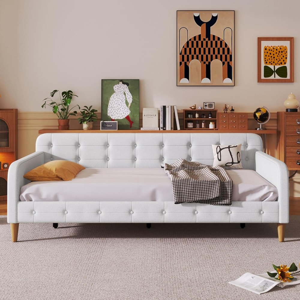 Twin Size Upholstered Daybed W/ 4 Support Legs Linen Sofa Bed Frame W/ Button