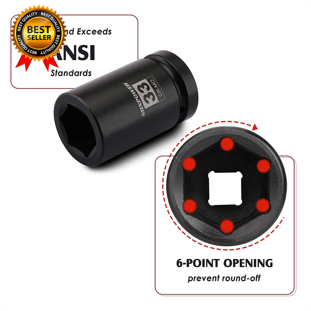 1 Inch Drive Deep Impact Socket CR-MO 33Mm 6 Point Radius Corner Design
