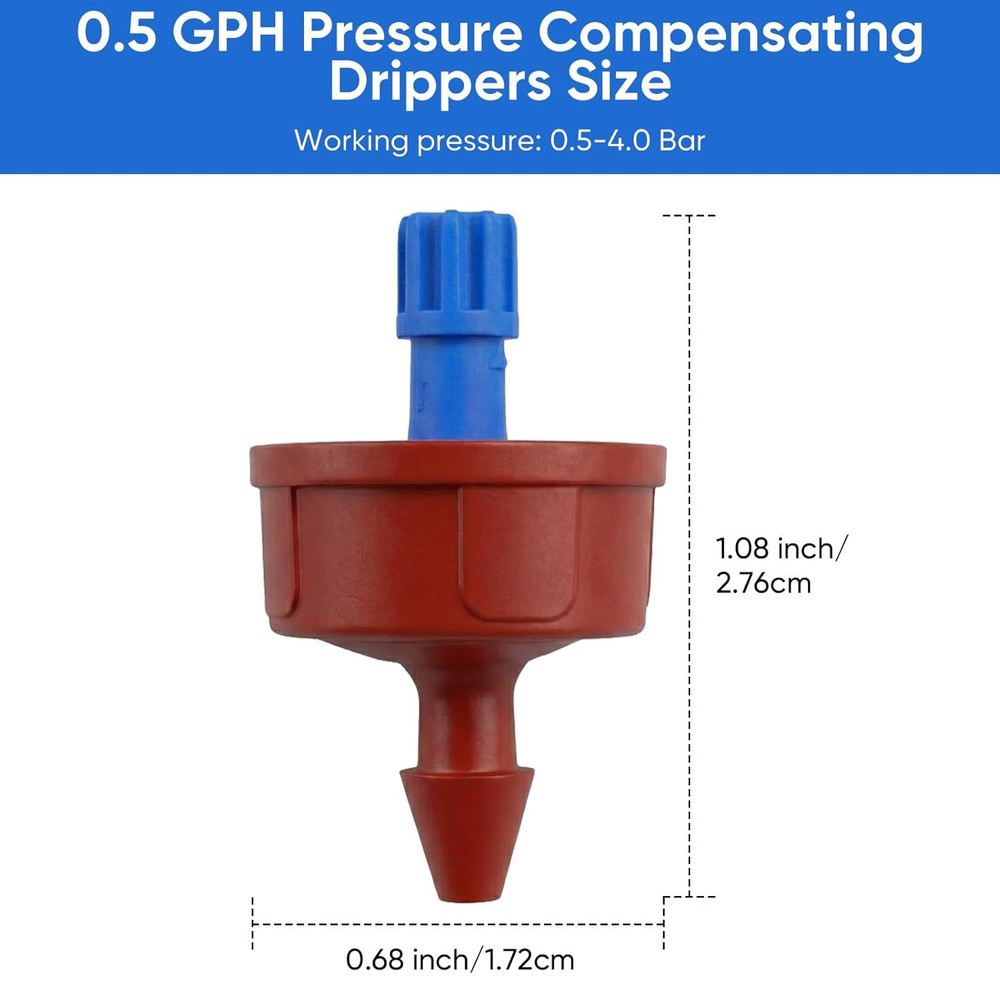0.5 GPH Pressure Compensating Drippers for Garden System: Self-Cleaning Constant