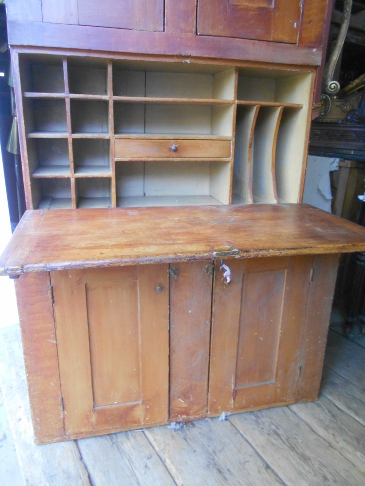 ANTIQUE PAINTED COUNTRY PINE STEPBACK DROP FRONT DESK AND BOOKCASE