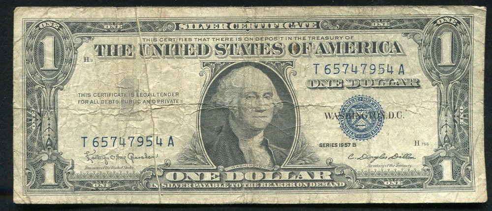 1957-B $1 ONE DOLLAR SILVER CERTIFICATE "GUTTER FOLD ERROR"