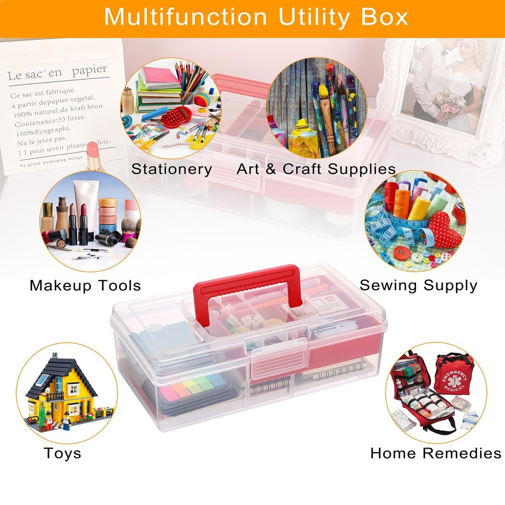 Clear Plastic Storage Box with Tray Handle Craft Sewing Organizer 2 Pack