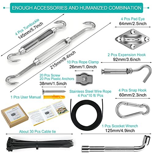Sun Shade Sail Hardware Kit with 4pcs 10ft Length Extension Nylon Wire Rope,