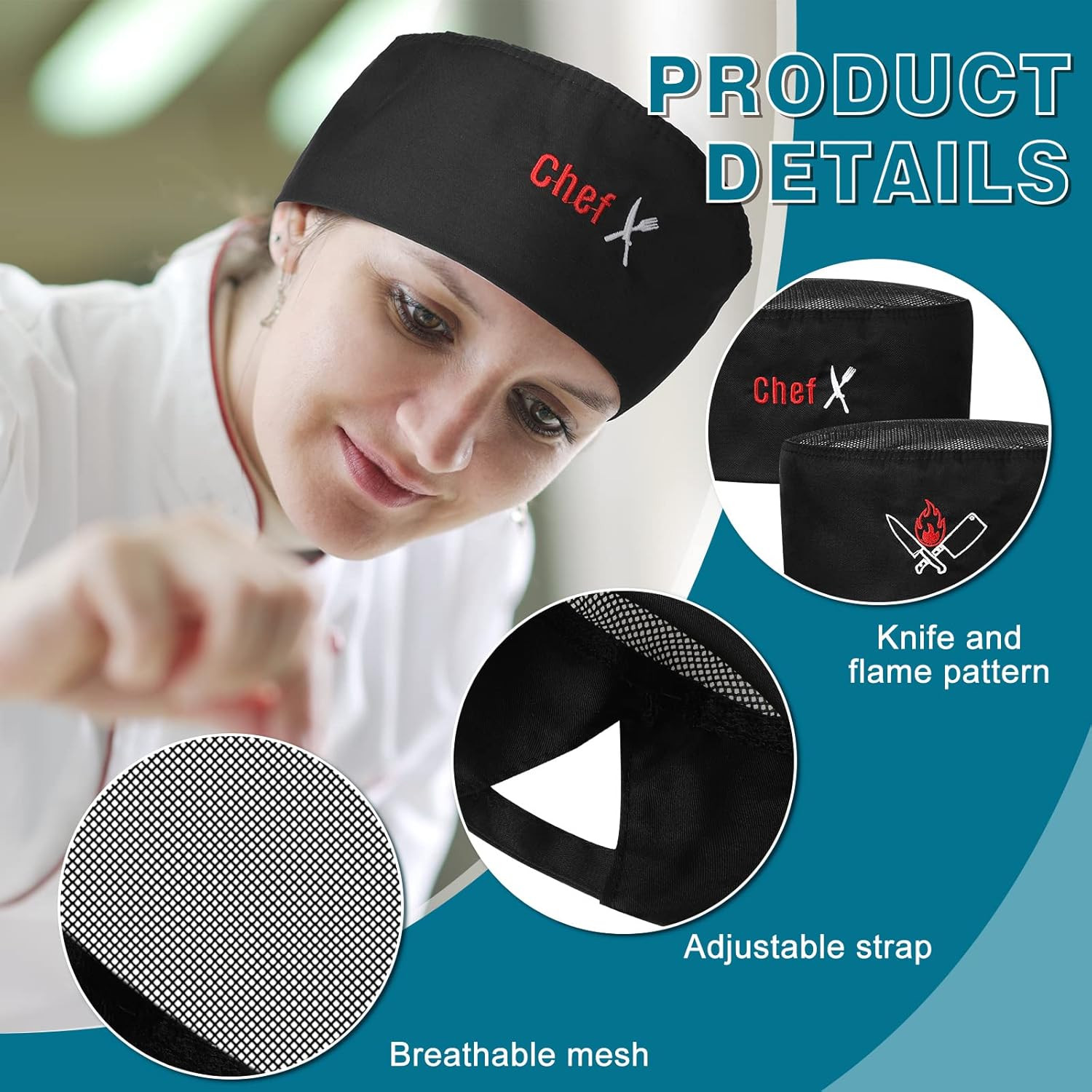 6-Pack Unisex Chef Hats Adult Black Elastic Baker Skull Caps