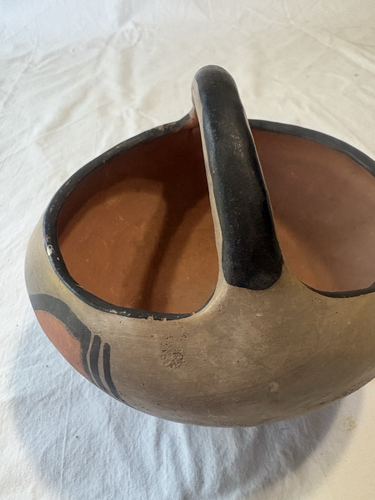 VINTAGE 1928 Santo Domingo Pueblo Pottery Handled Polychrome Basket Kewa 6"