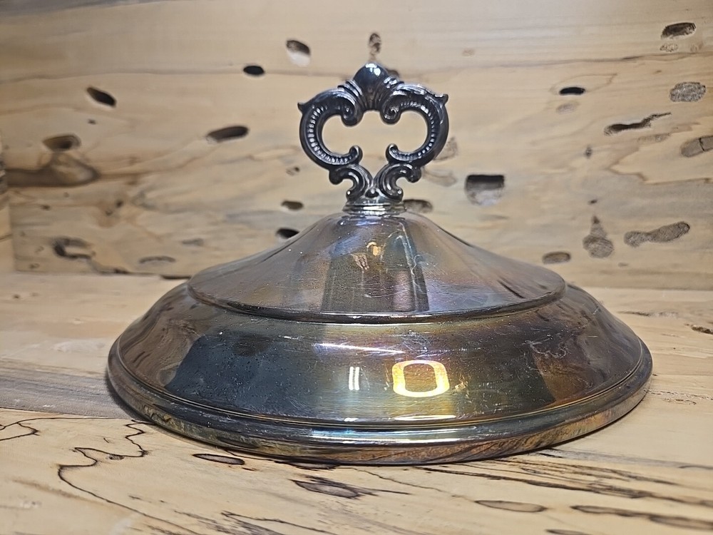 Polished Vintage Silver Plate 8.5in Lid with Ornate Handle D353