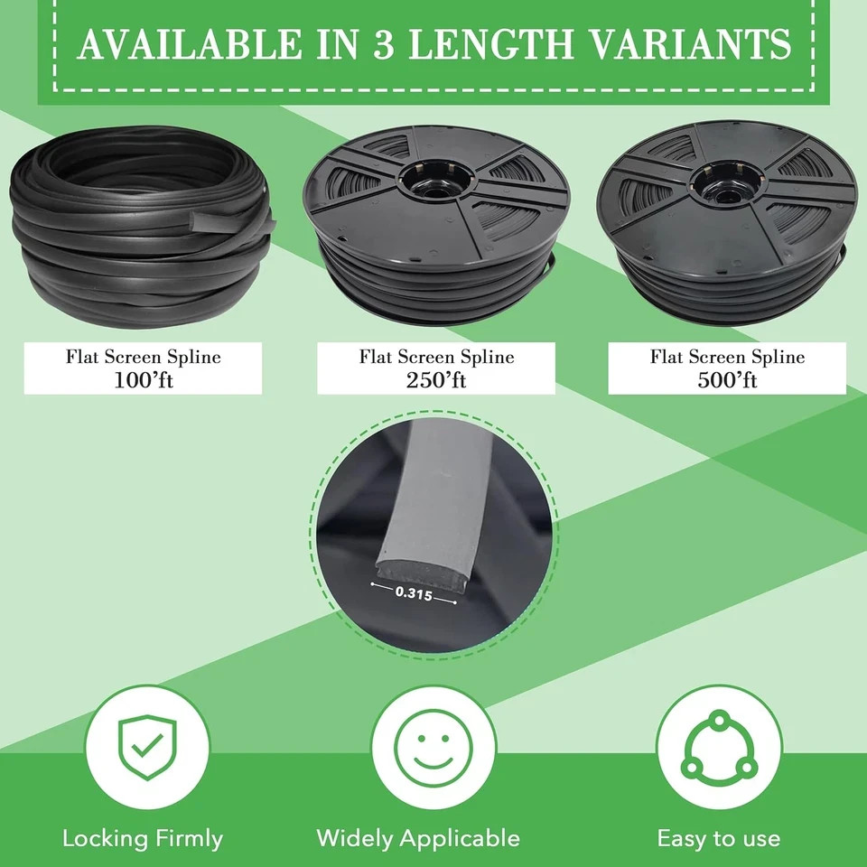 Flat Screen Spline 0.290 Width X 100Ft, Black in Color