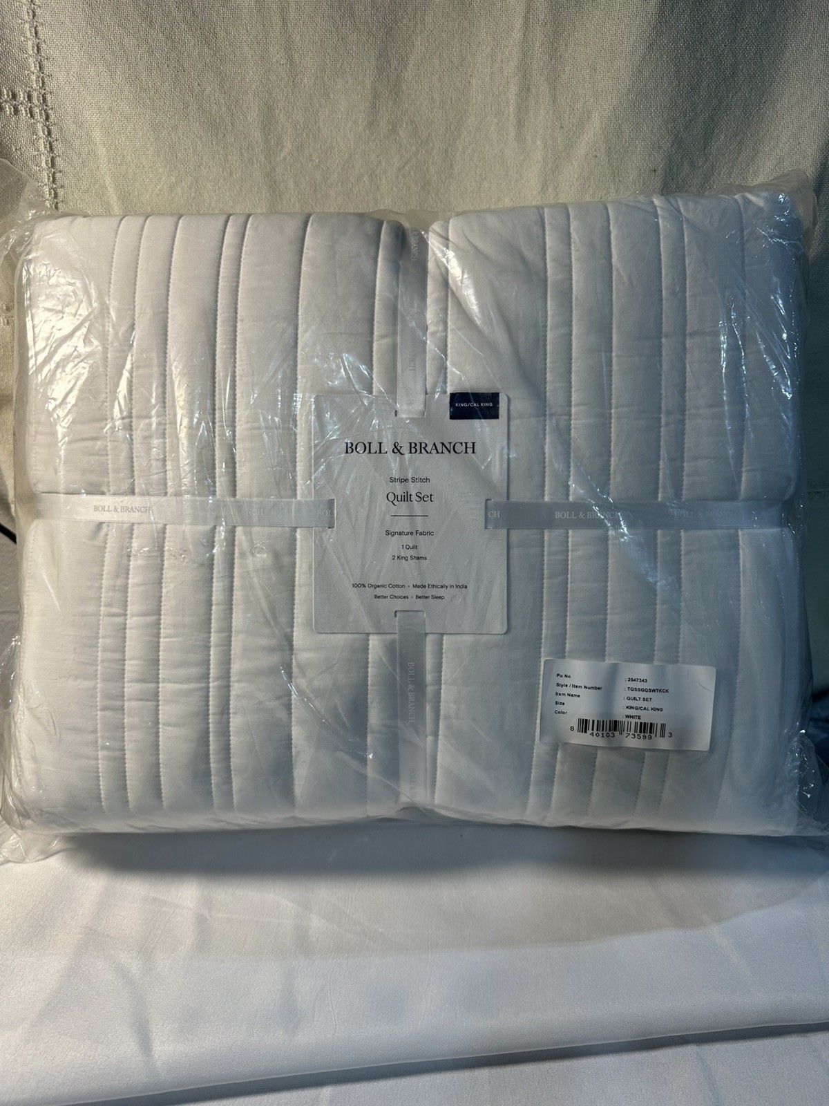 NEW Boll & Branch Signature Stripe Quilt and Shams Set White King/Cal King