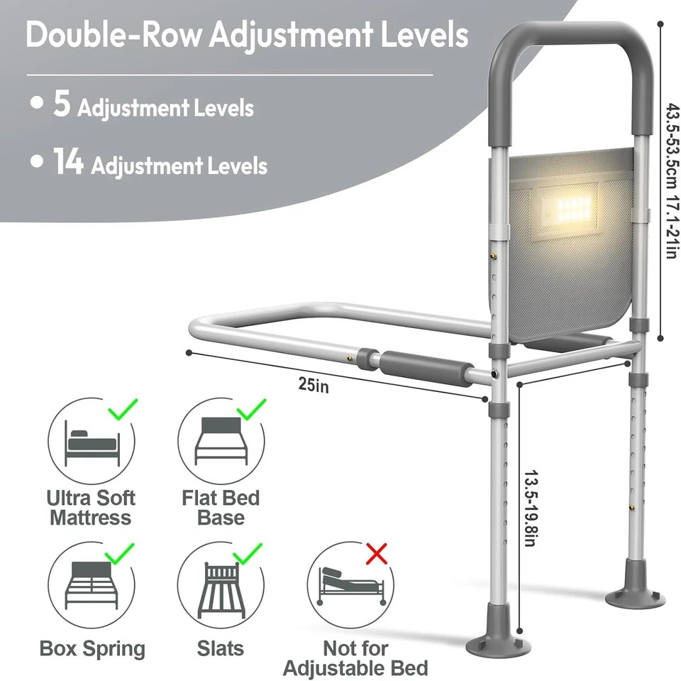 Bed Rails for Elderly Adults Safety: with Motion Sensor Light & Storage Bag