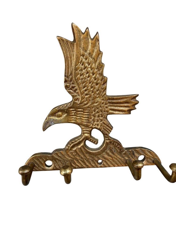 Vintage Solid Brass Eagle Key Holder Wall Hanging Patriotic 4 Hooks