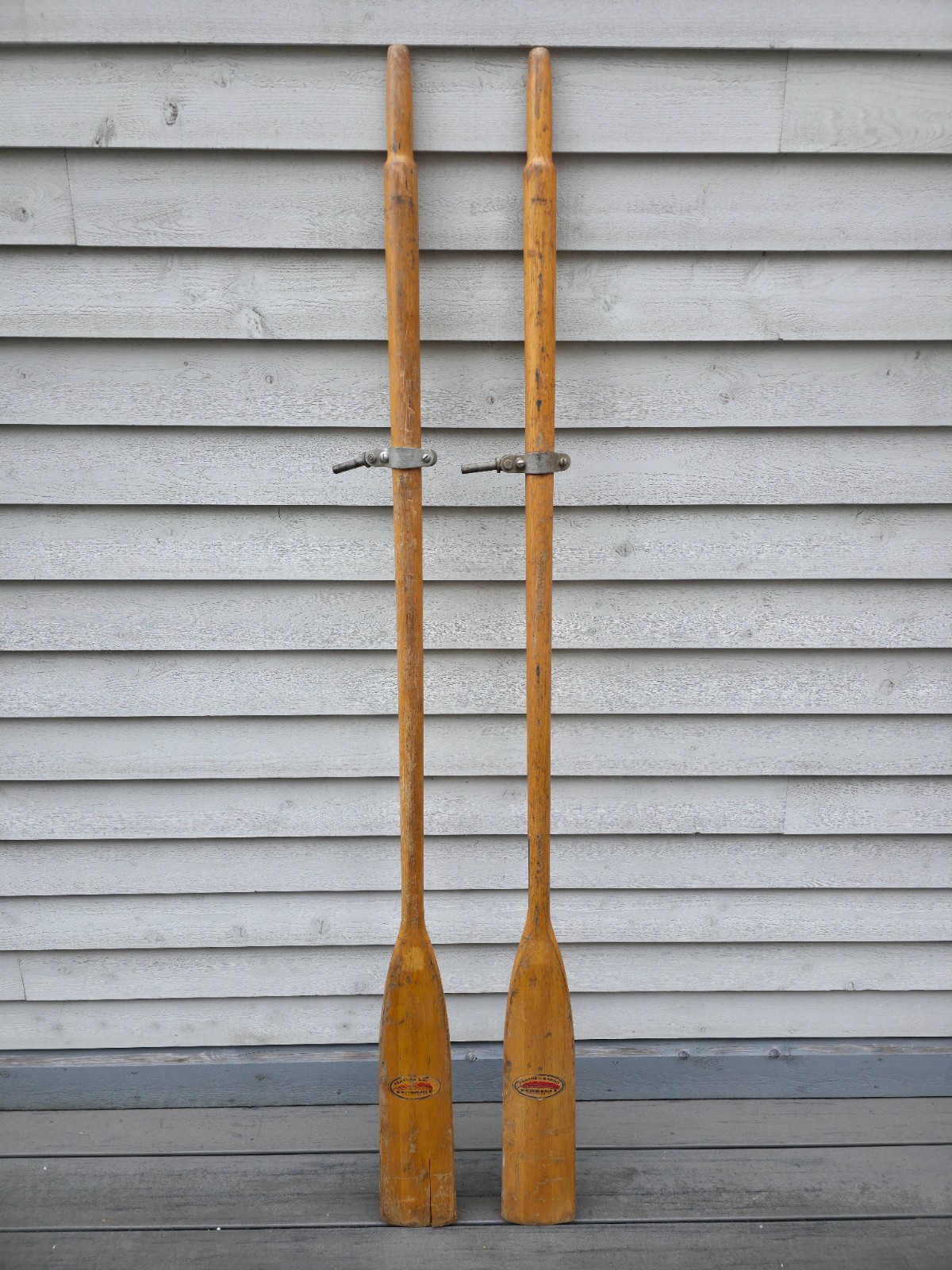 VINTAGE Old Wooden Paddles Oars with OARLOCKS Feather Brand  Measures 72"