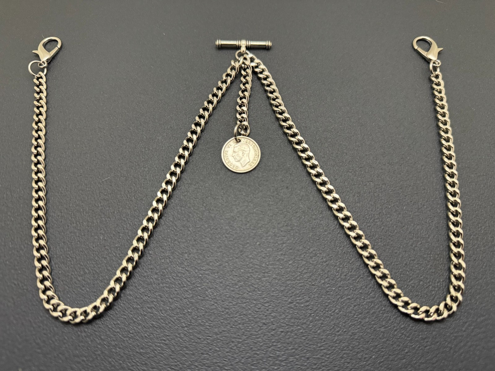 Antique Style  Albert Pocket Watch Chain With 1940 Lucky Silver Coin Fob 23