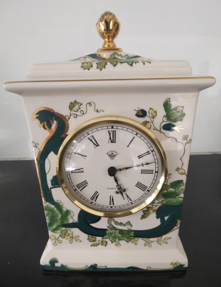 Masons Chartreuse Ironstone 8" Carriage Mantle Clock . The clock does not work.