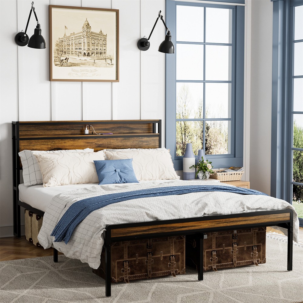 Queen Size Bed Frame Metal Platform Bed Frame w/ Storage Headboard & USB Port
