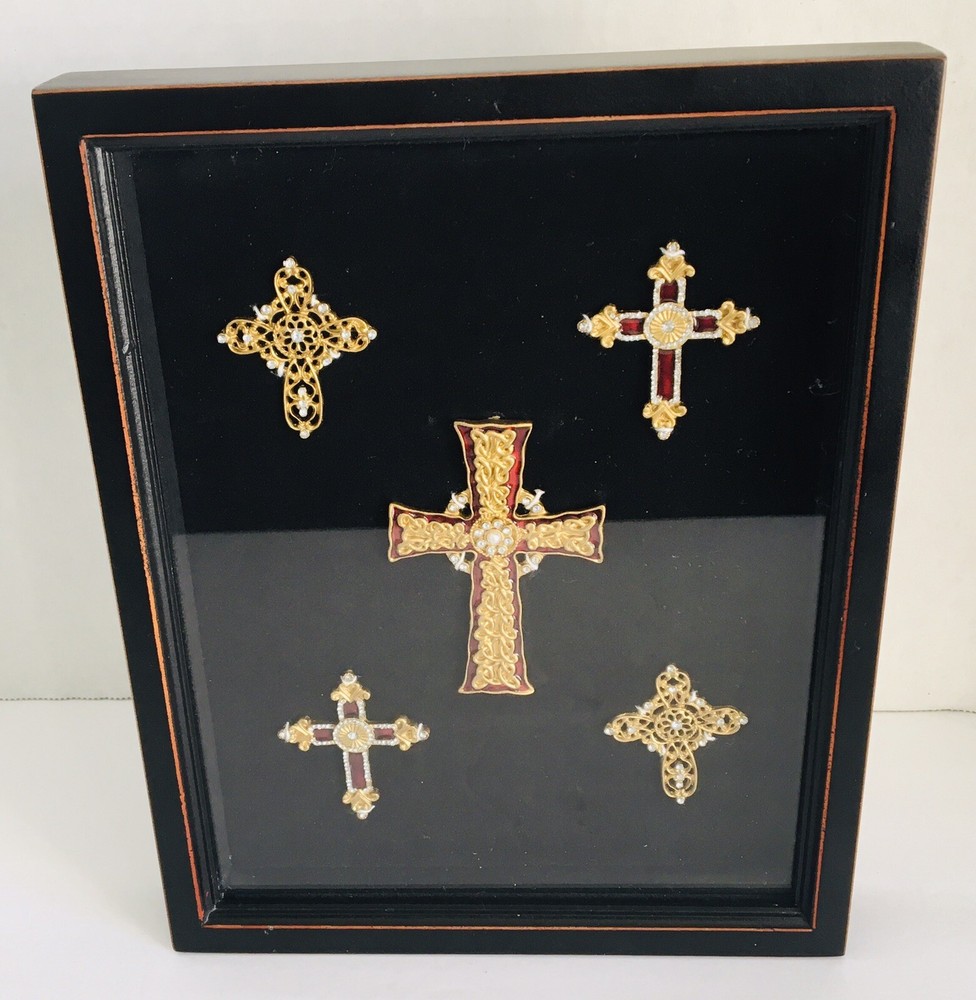 Enameled Christianity Crosses Mounted In Shadow Box Frame