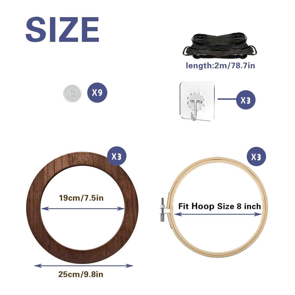 3 Sets Solid Wood Embroidery Frames with Bamboo Hoops, 8 Inch Round Embroider...
