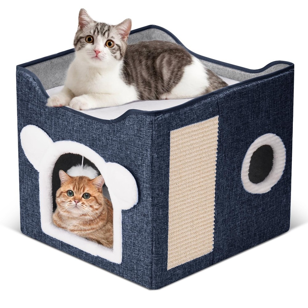 Cat Bed Large Foldable Cat Cave House with Scratch Pad - Indoor, Multi-Cat