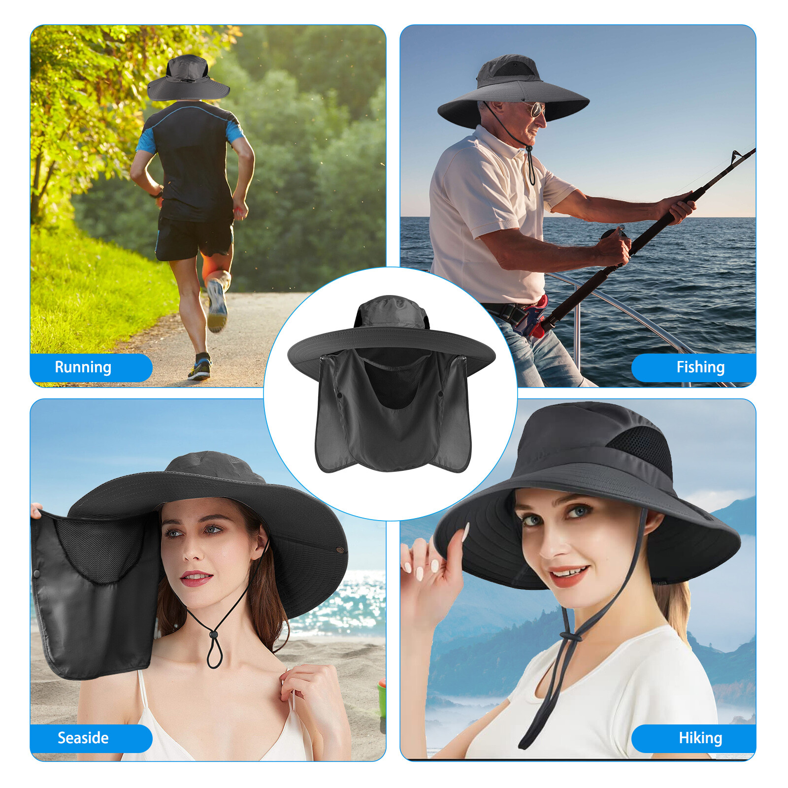 Wide Brim Sun Hat with Neck Flap UV Protection Hiking Fishing Cap for Men Women