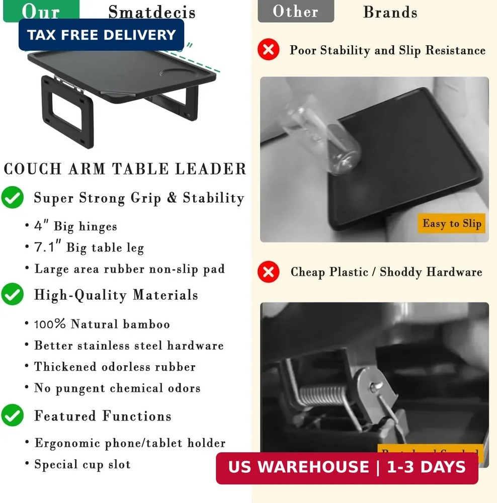 Smatdecis Couch Arm Tray Table Sofa Arm Clip Table, Armrest Tray Table Suitable