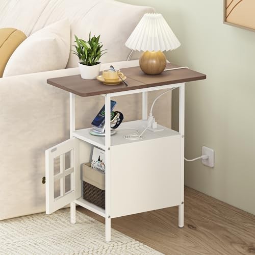 Farmhouse Narrow Side Table with Charging Station - 3-Tier End White-glass