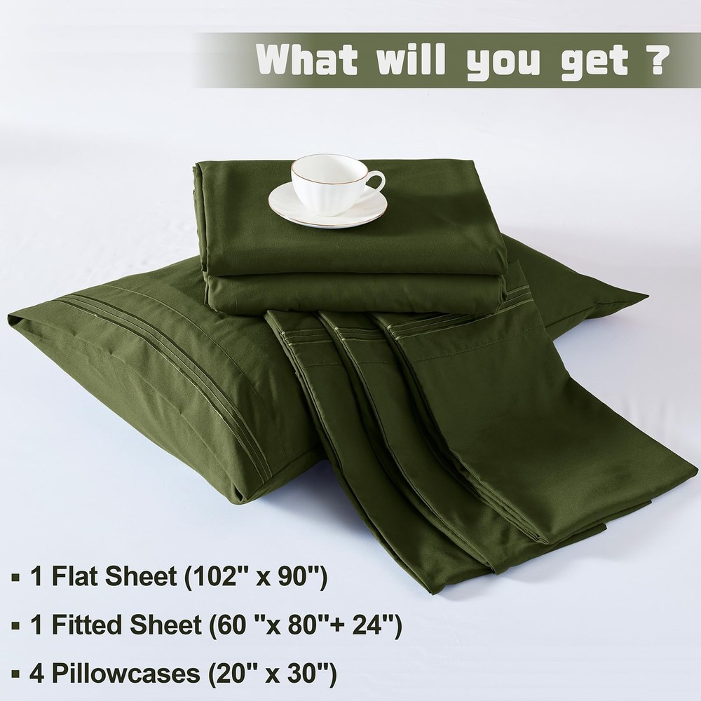 Extra Deep Pocket Queen Size Sheets Set, 6 Pieces Soft Olive Green Sheets 18-...