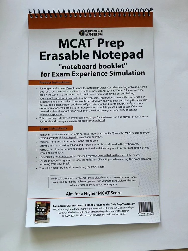 MCAT Prep Erasable Notepad/Whiteboard (noteboard booklet) with Staedtler Marker