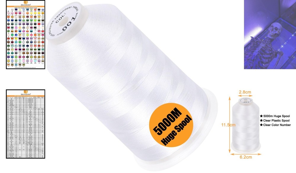 Single Huge 5000M Spool of White Polyester Embroidery Thread - Maximum Strength
