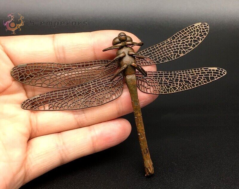Old Brass Dragonfly Statue Insect Figurine Netsuke Craft Decor Collection