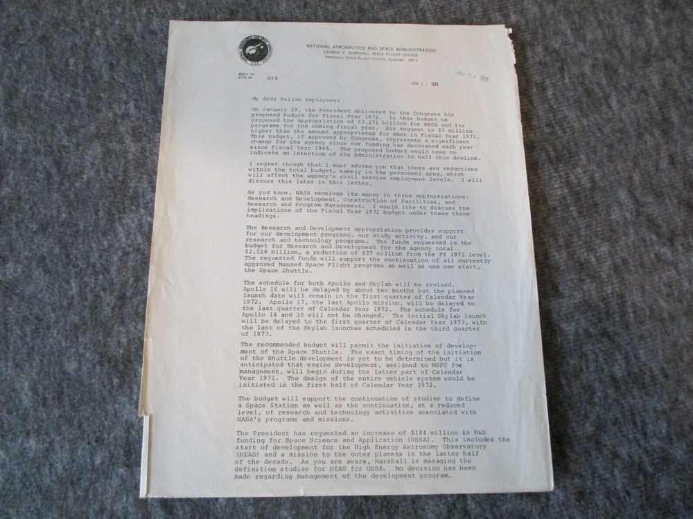NASA MSFC APOLLO/SATURN I SUMMARY WELCOME FOLDER w/DIRECTOR MEMO ORIENTATION