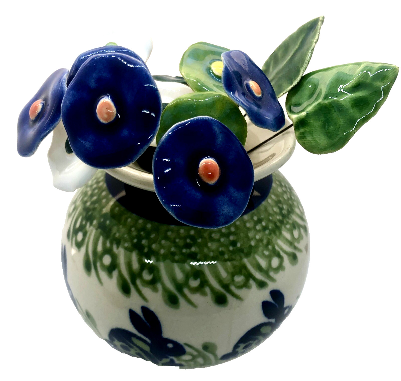 Polish Pottery Round Vase P324 Bunny Rabbit with 11 Polish Ceramic Flowers